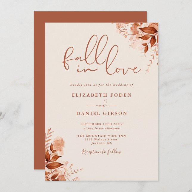 Autumn Fall In Love Floral Terracotta Wedding Invitation (Front/Back)