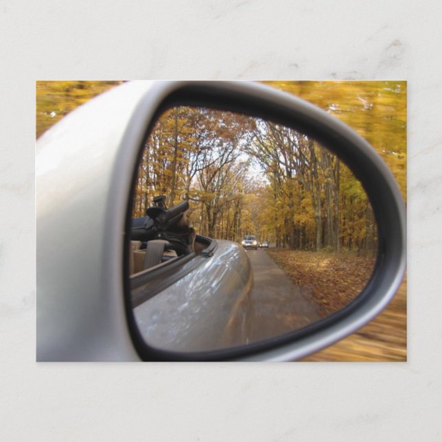 AUTUMN / FALL IN THE REAR VIEW MIRROR SPORTS CAR POSTCARD (Front)