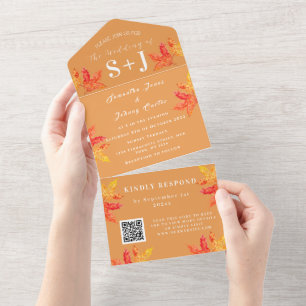 Autumn Fall Leaf Burnt Orange QR Code Wedding RSVP All In One Invitation