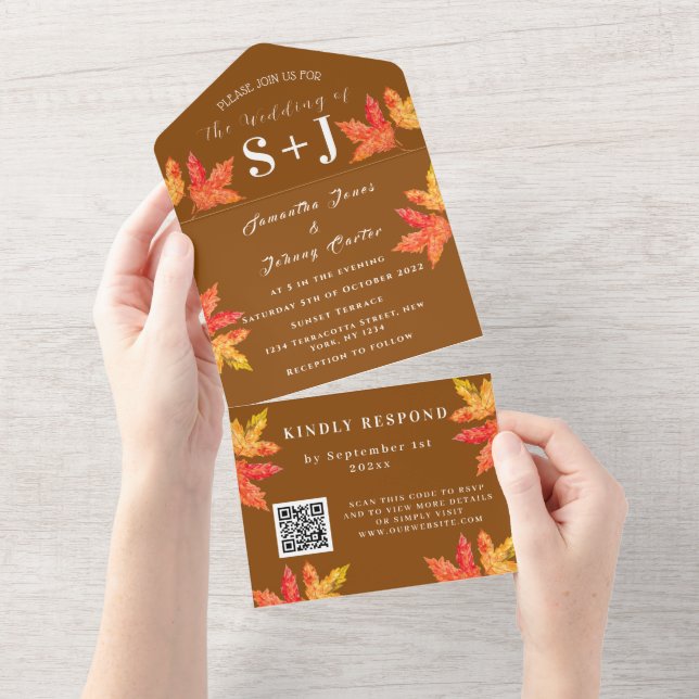 Autumn Fall Leaf Terracotta QR Code Wedding RSVP All In One Invitation (Tearaway)