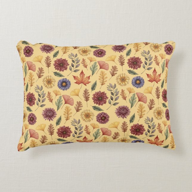 Autumn Fall Leaves and Flowers Pattern Decorative Cushion (Front)