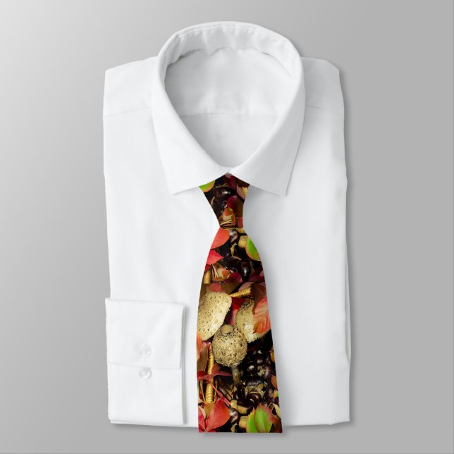 Autumn Fall leaves, chestnuts mushrooms photo Tie (Tied)