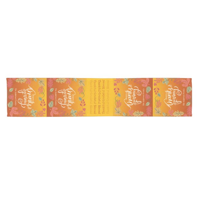 Autumn Fall Leaves Family Name Happy Thanksgiving Short Table Runner (Horizontal)