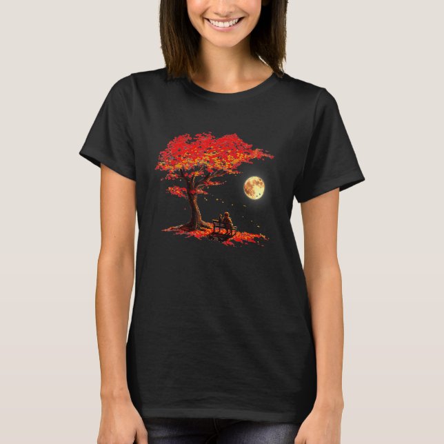 Autumn Fall Leaves Moon Astronaut With Cat Outer S T-Shirt (Front)