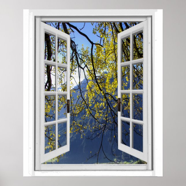 Autumn Fall Leaves Mountain View Faux Window Poster (Front)