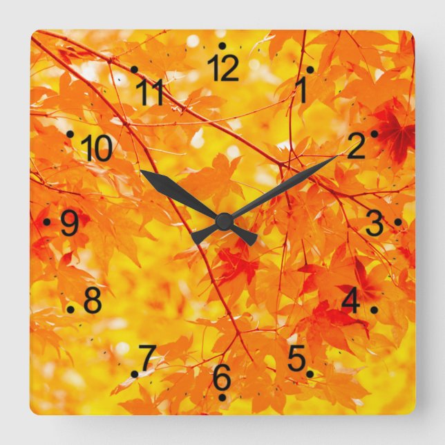 Autumn Fall Leaves Orange Square Wall Clock (Front)