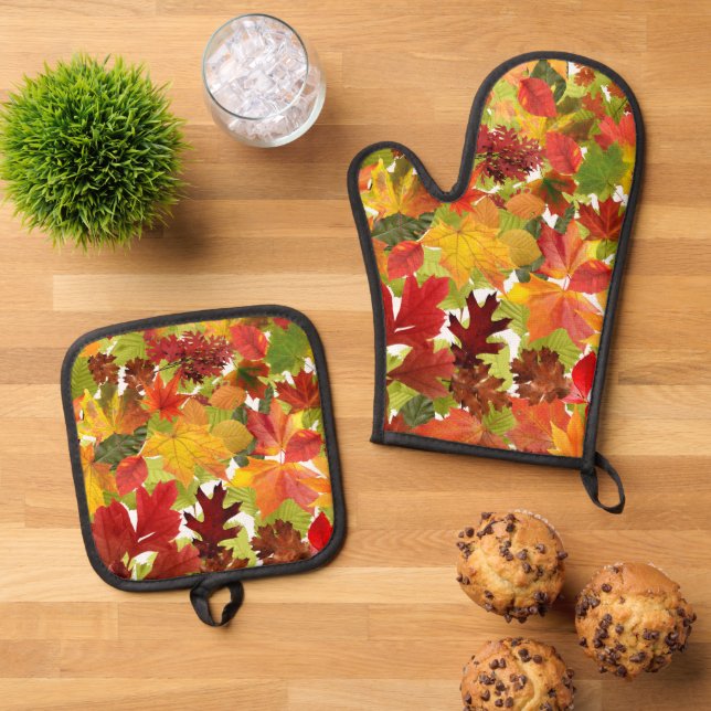 Autumn Fall Leaves Oven Mitt & Pot Holder Set (Top Down)