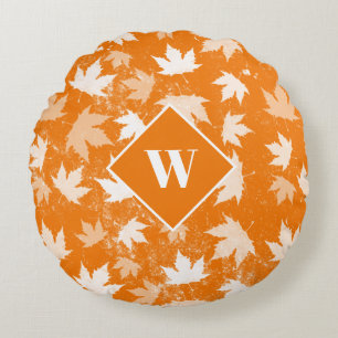 Autumn Fall Leaves Pattern Monogram Round Cushion