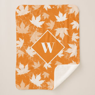 Autumn Fall Leaves Pattern Monogram Sherpa Blanket