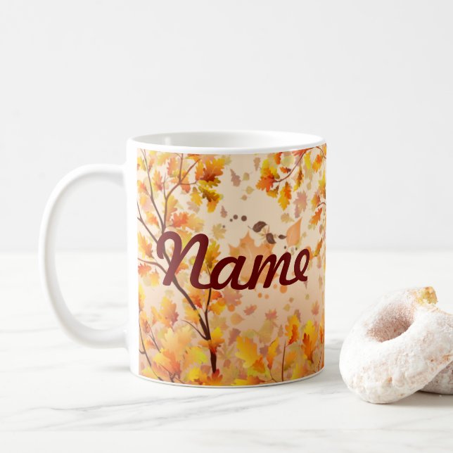 Autumn Fall Leaves Personalised Coffee Mug, Cup (With Donut)