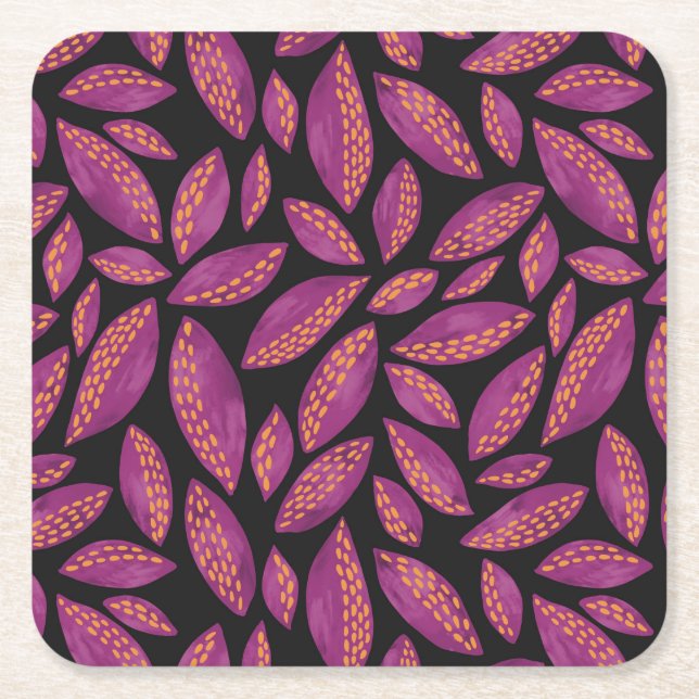 Autumn Fall Leaves Purple & Black Pattern Square Paper Coaster (Front)