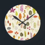 Autumn Fall Leaves Round Clock<br><div class="desc">Autumn leaves,  berries,  acorns and pine cone pattern. Change the background colour to customise.  Original art by Nic Squirrell.</div>