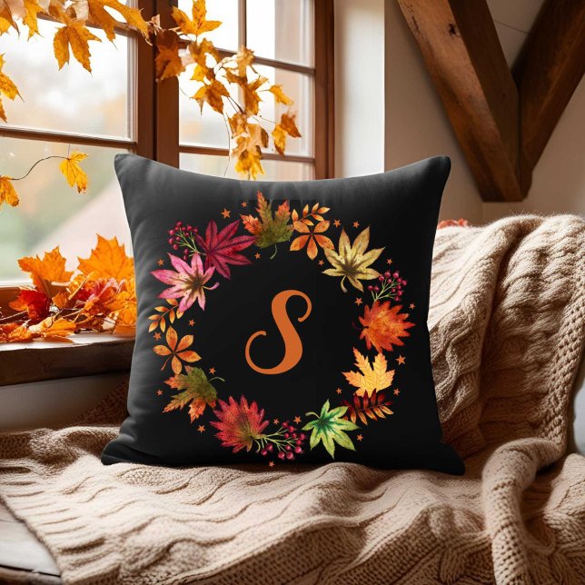 Autumn Fall Leaves Wreath on Black With Monogram Cushion (Autumn Fall Leaves Wreath on Black With Monogram Throw Pillow)