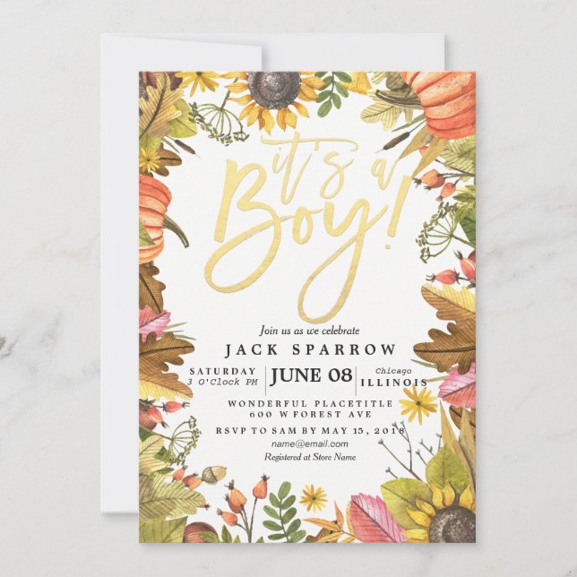 Autumn Fall Maple Leaves Pumpkin Baby Shower Cards (Front)