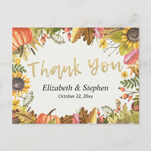 Autumn Fall Maple Leaves Pumpkin Wedding Thank You Postcard (Front)
