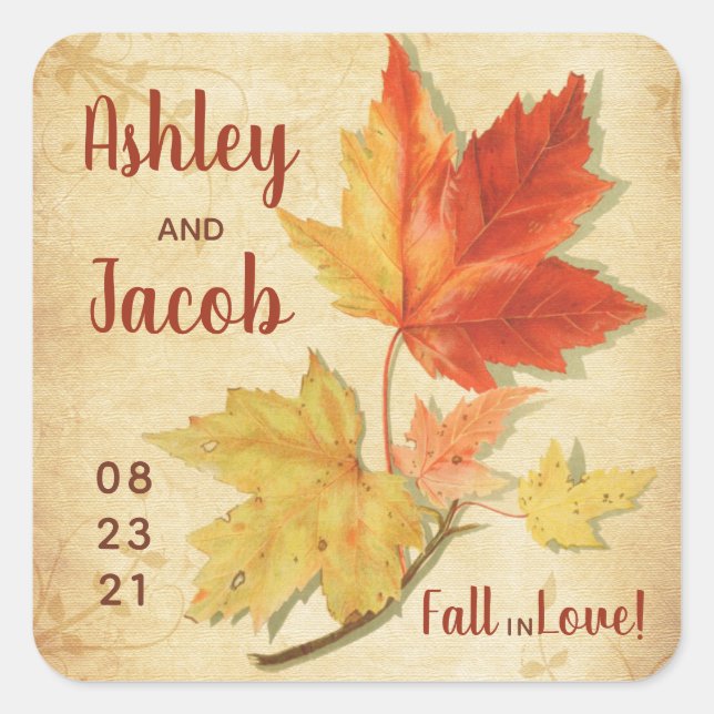 Autumn Fall Maple Leaves Wedding Favour Save Date Square Sticker (Front)