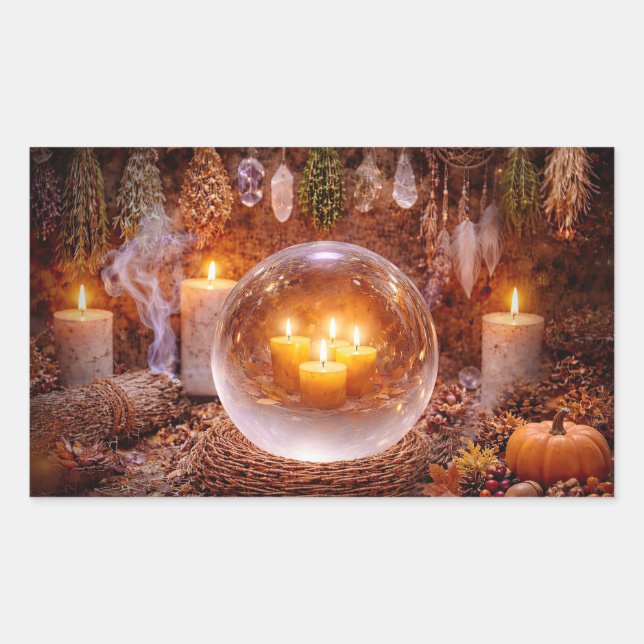 Autumn Fall Mystical Crystal Ball Candles Rectangular Sticker (Front)