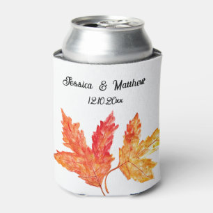 Autumn Fall Orange Leaves Watercolor Wedding Can Cooler
