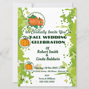 Autumn Fall Orange Pumpkin Green Wedding Invitation