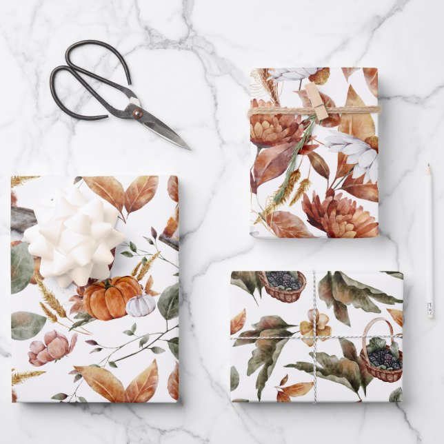 Autumn Fall Patterns in Terracotta, Green, Rust Wrapping Paper Sheet (Front)