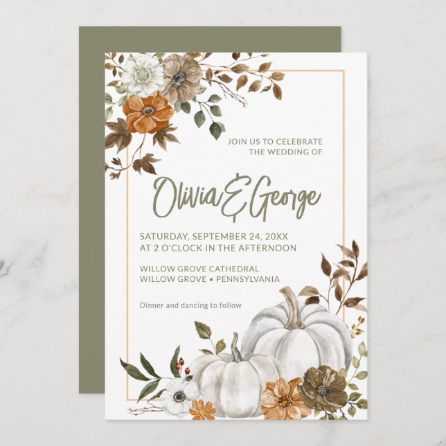 Autumn Fall Pumpkin Floral Frame Invitation (Front/Back)