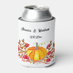 Autumn Fall Pumpkin Leaves Watercolor Wedding Can Cooler