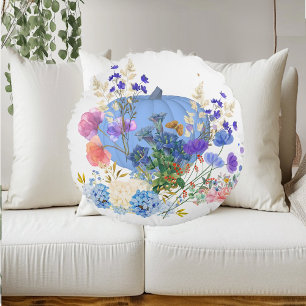 Autumn Fall Pumpkin Pastel Blue Botanical Floral Round Cushion