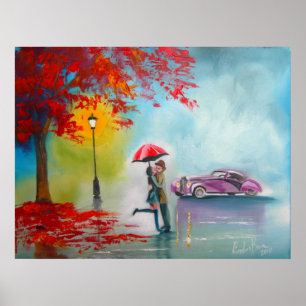 Autumn fall rainy day kissing couple vintage car poster