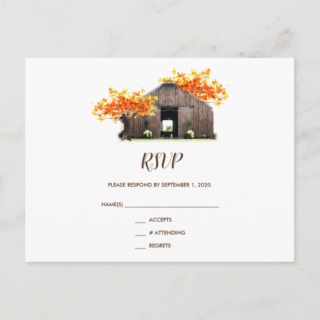 Autumn Fall Rustic Barn Wedding RSVP Postcard (Front)
