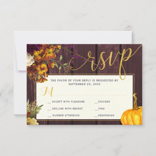 Autumn fall rustic burgundy barn wood wedding RSVP card (Front)