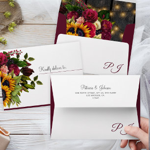 Autumn fall rustic elegant burgundy floral wedding envelope