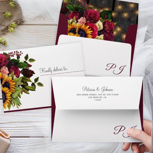 Autumn fall rustic elegant burgundy floral wedding envelope (Creator Uploaded)