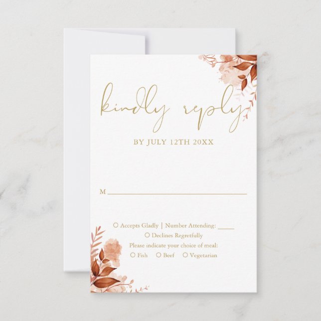 Autumn Fall Rustic Floral Chic Gold Wedding RSVP Card (Front)