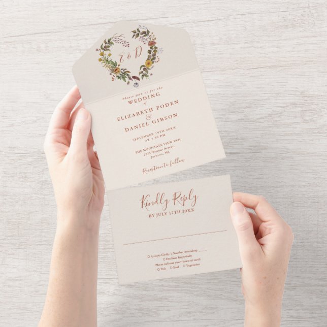 Autumn Fall Rustic Floral Heart Wedding All In One Invitation (Tearaway)