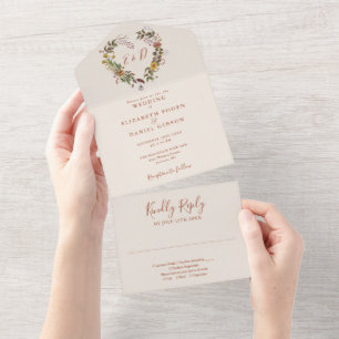 Autumn Fall Rustic Floral Heart Wedding All In One Invitation