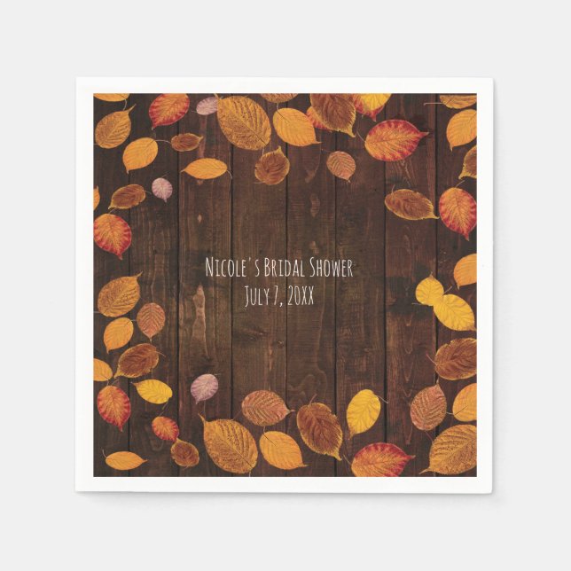 Autumn Fall Rustic Golden Leaves on Wood Wedding Napkin (Front)