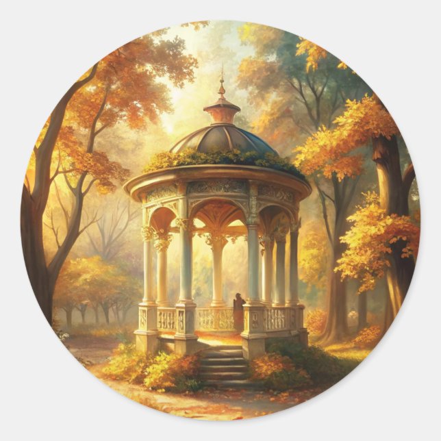 Autumn Fall Scene With Gazebo Classic Round Sticker (Front)