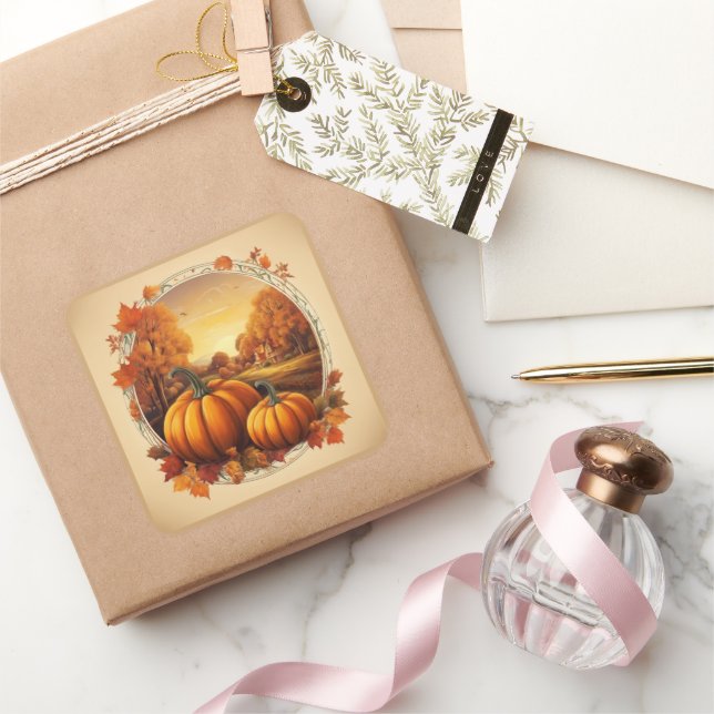 Autumn Fall Season's Pumpkin and Landscape Motif  Square Sticker (Gifting)