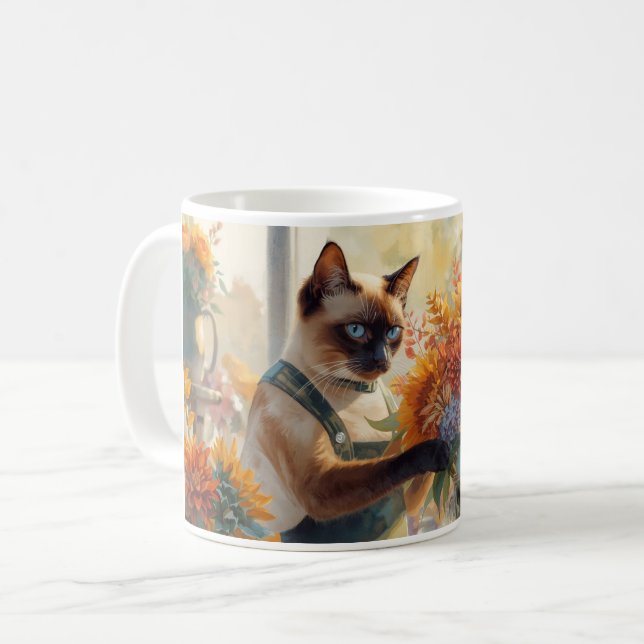 Autumn Fall Siamese Cat florist arranging flowers  Coffee Mug (Front Left)