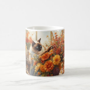 Autumn Fall Siamese Cat florist arranging flowers Coffee Mug
