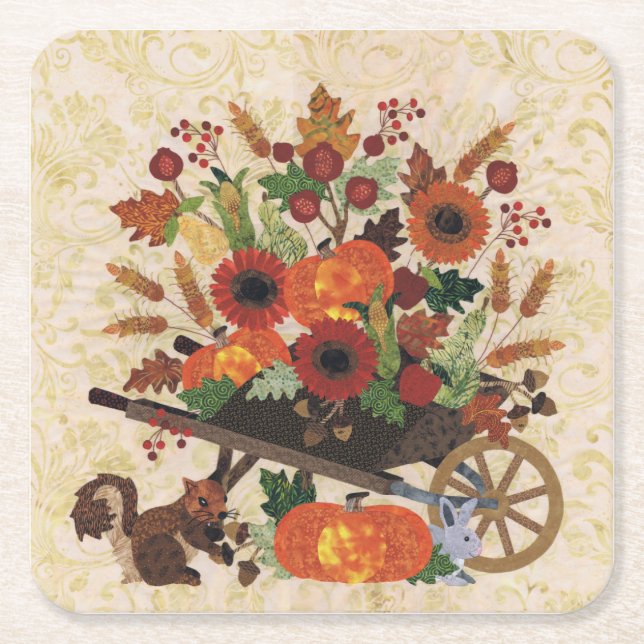 Autumn Fall Squirrel Elegant Rustic Country Square Paper Coaster (Front)