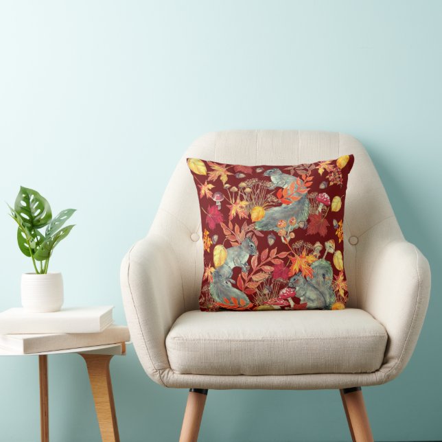 Autumn Fall Squirrel Leaf Mushroom Acorn Burgundy Cushion (Chair)