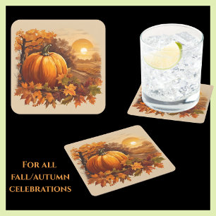 Autumn Fall Sunset Scene with Pumpkin Square Paper Coaster