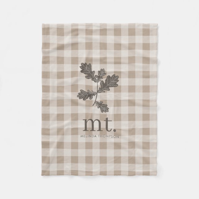 Autumn Fall Taupe Plaid Foliage Monogram Initials  Fleece Blanket (Front)