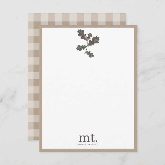 Autumn Fall Taupe Plaid Modern Foliage Monogram Card (Front/Back)