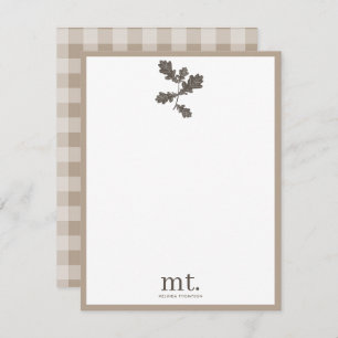Autumn Fall Taupe Plaid Modern Foliage Monogram Card