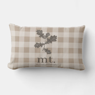 Autumn Fall Taupe Plaid Modern Foliage Monogram Lumbar Cushion