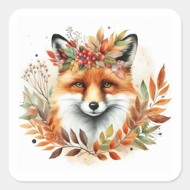 Autumn Fall Themed Cute Fox Flower Birthday Square Sticker (Front)