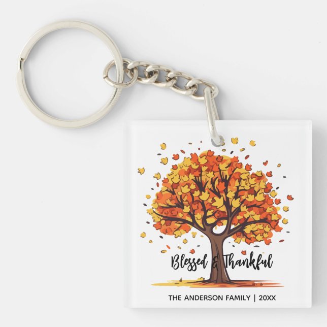 Autumn Fall Tree Happy Thanksgiving Blessed Key Ring (Front)