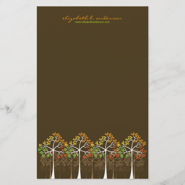 Autumn / Fall Trees on Brown Note Card Stationery (Front)